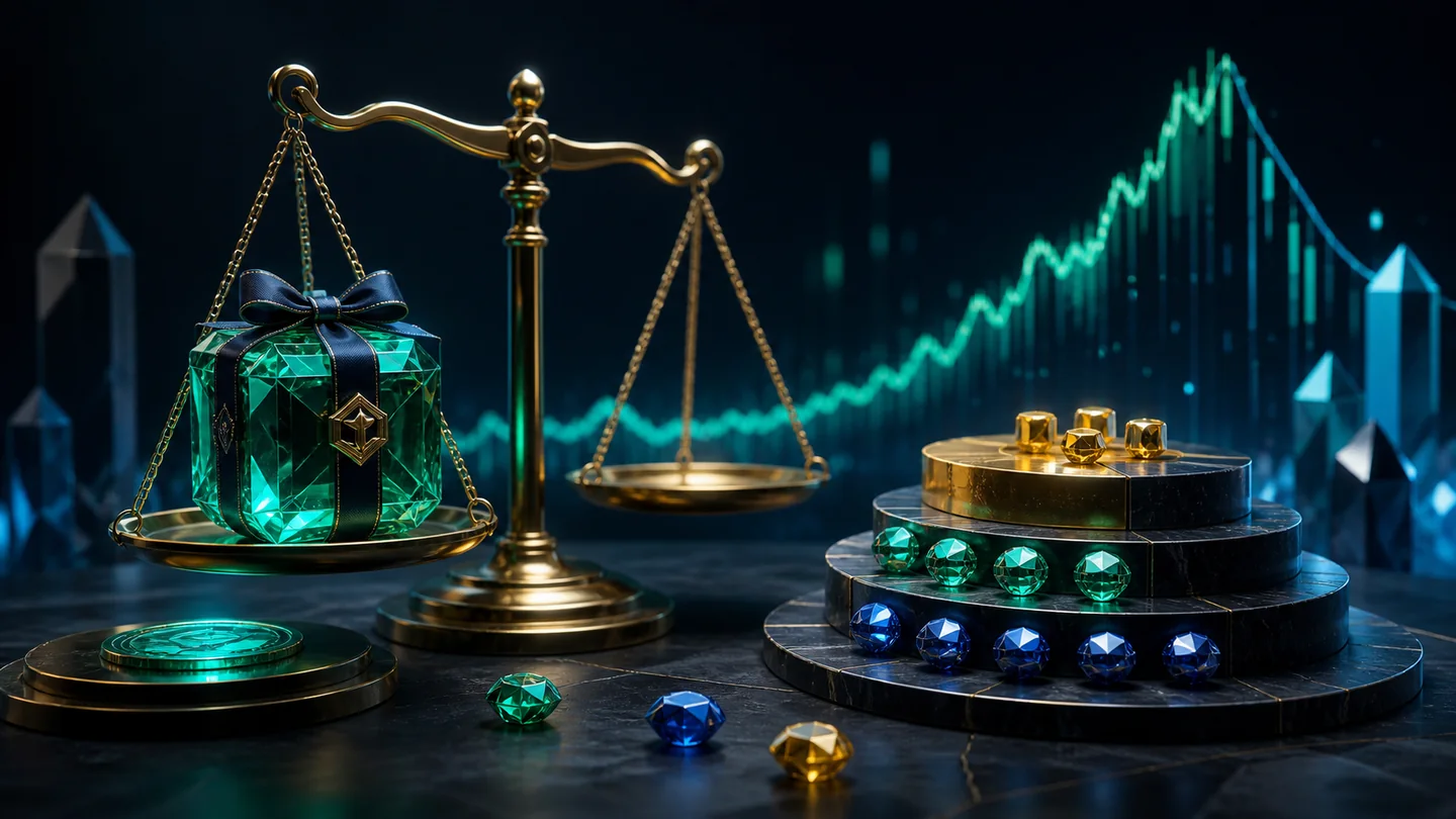 A collectible gift on a balance scale beside layered tokens and a volatile market curve