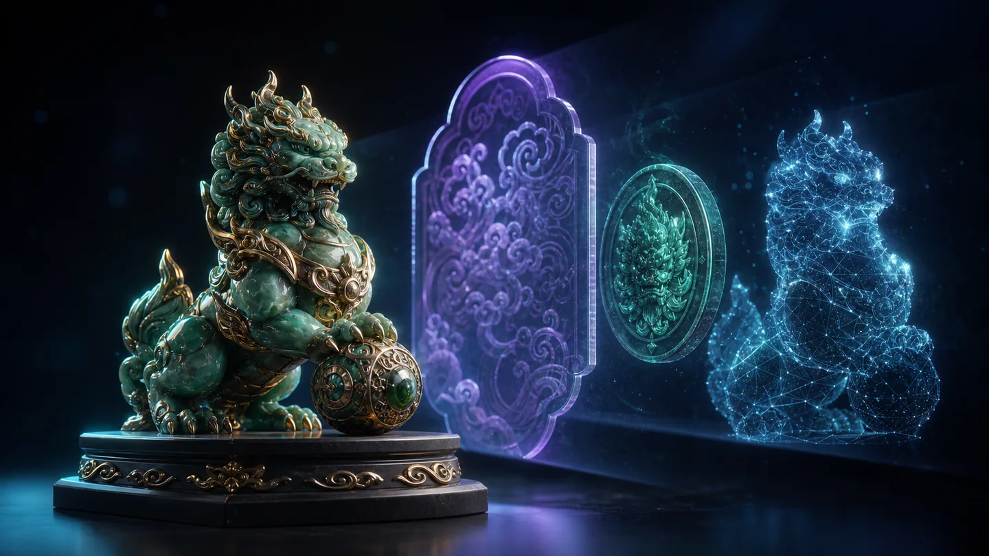 A collectible sculpture shown beside translucent model, backdrop and symbol attribute layers