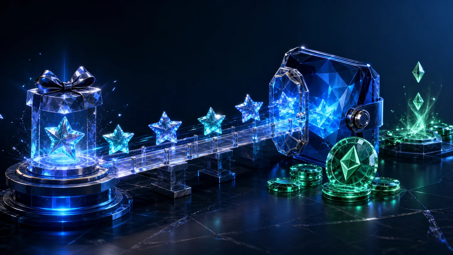 Glowing star-shaped tokens moving from a gift display across a bridge toward a secure vault