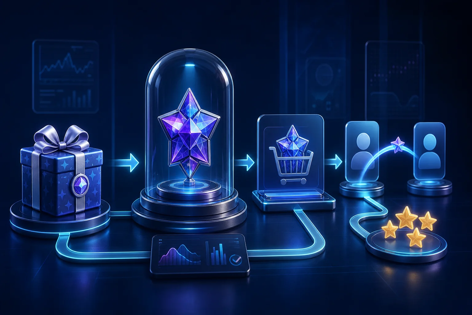 Editorial 3D visualization of a collectible Telegram Gift moving through a marketplace